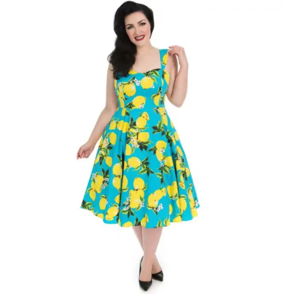 Hearts and Roses Rockabilly Pin-Up 50's Style Lemon Dress in Blue